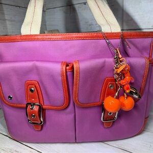 Coach Hamptons pink canvas and orange-red leather tote bag,